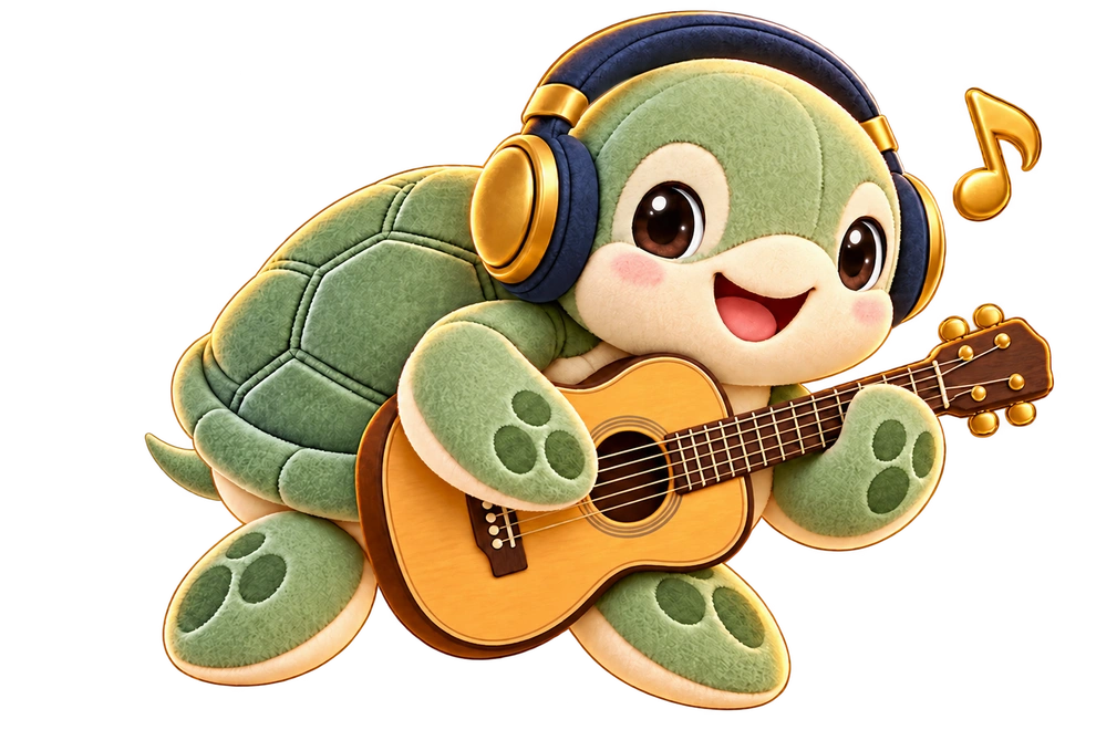 TuTu the Turtle wearing headphones and playing guitar